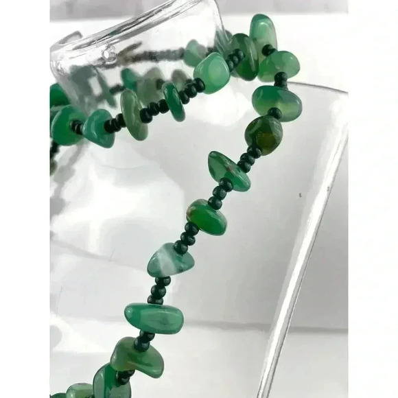Natural Stone Green Agate Nugget Rock Beaded Necklace Seed Bead 20" - Picture 10 of 15